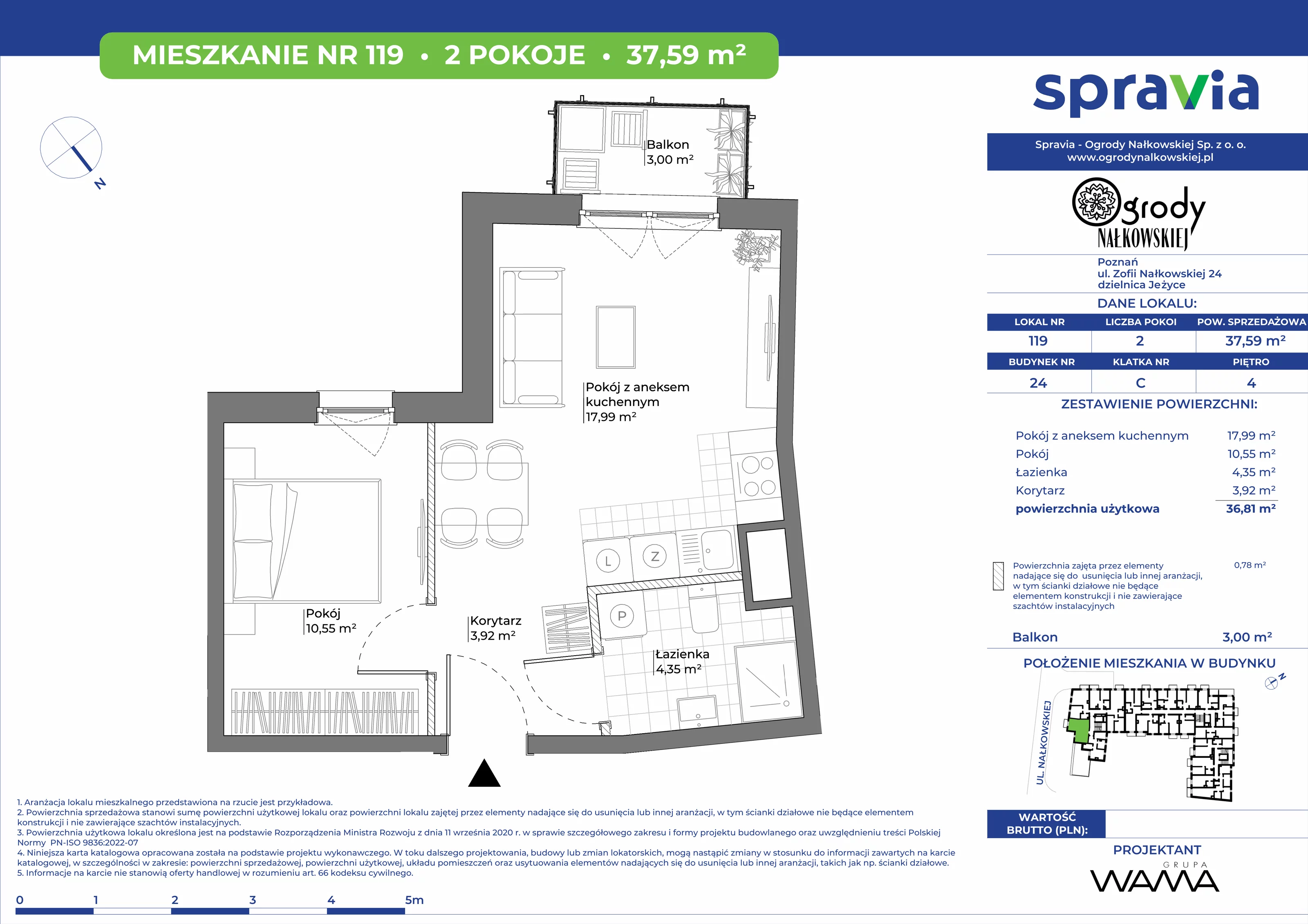 2 pokoje, mieszkanie 37,59 m², piętro 4, oferta nr 24-119, Ogrody Nałkowskiej, Poznań, Ogrody, ul. Nałkowskiej 24, 26